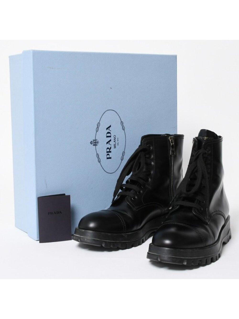 Prada Side Zip Lace-up Combat Boots Black Leather Cap Toe Silver